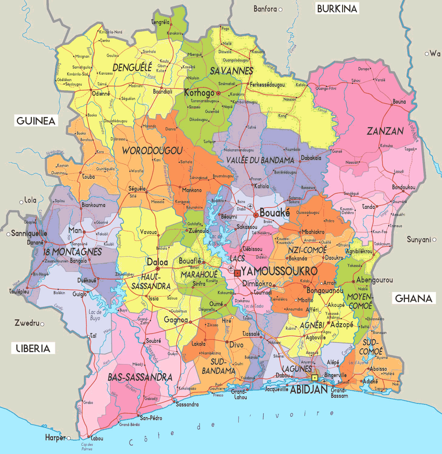 Carte départements Côte d'Ivoire