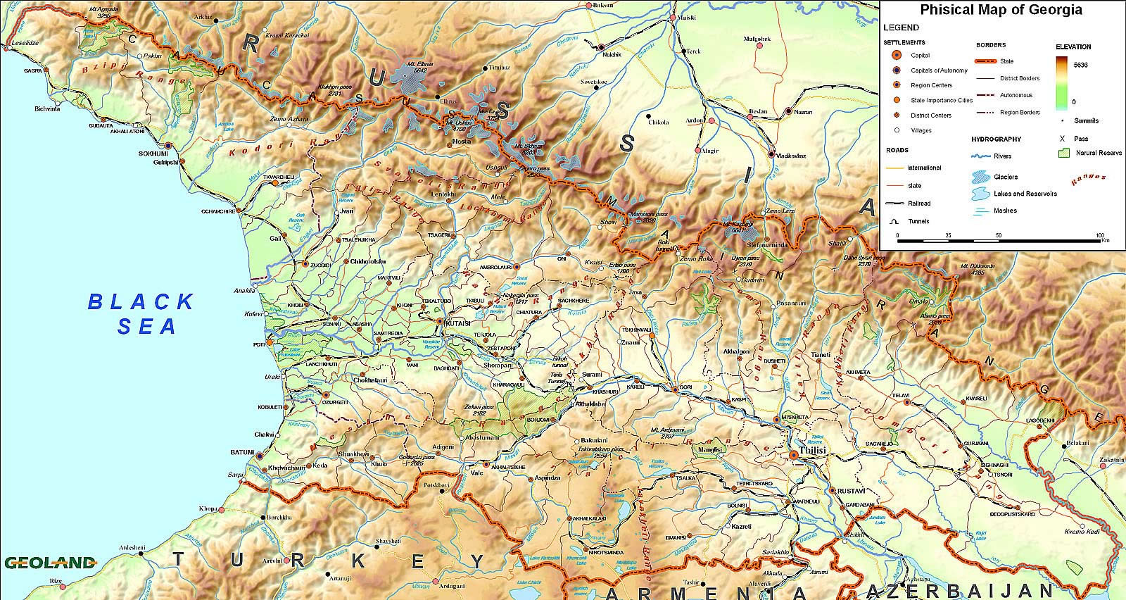 Carte physique Géorgie