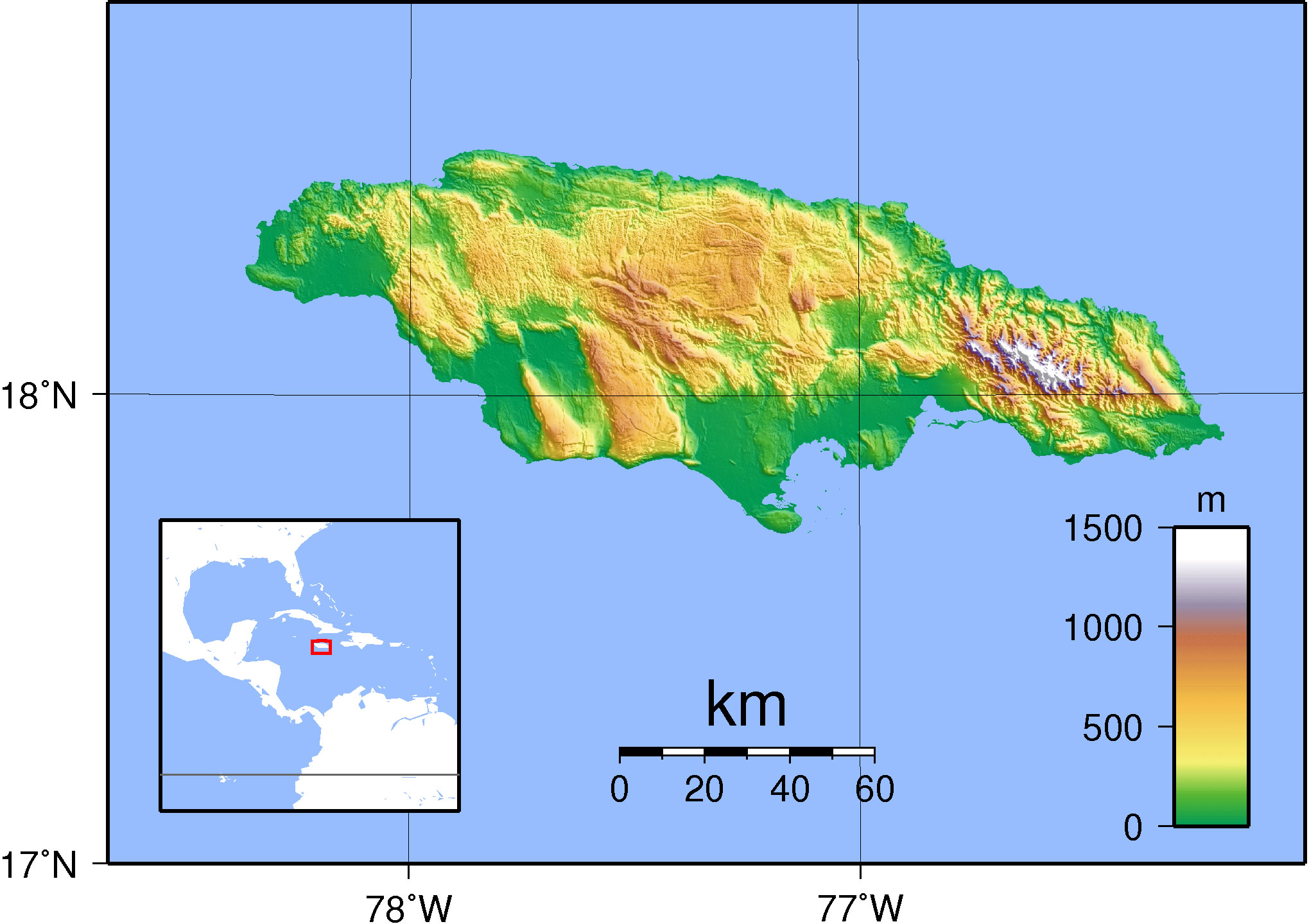 Carte topographique Jamaïque