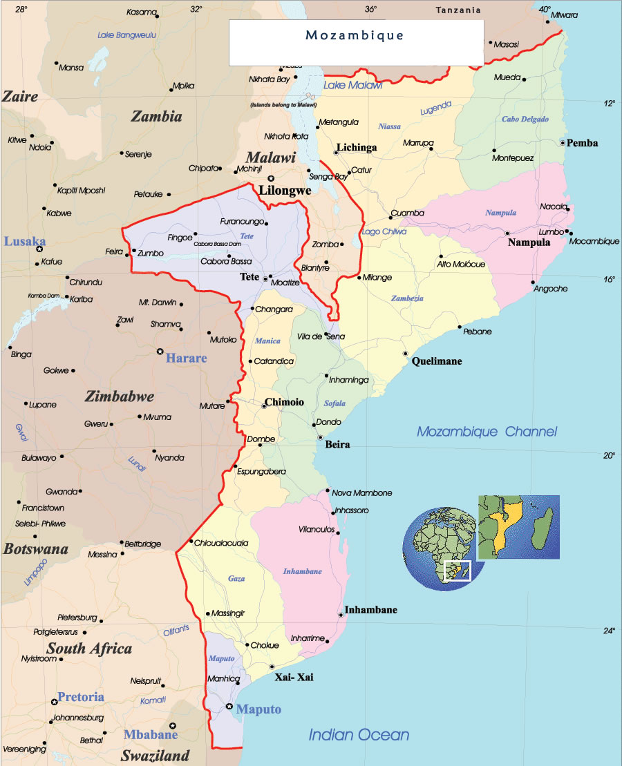 Carte des villes Mozambique